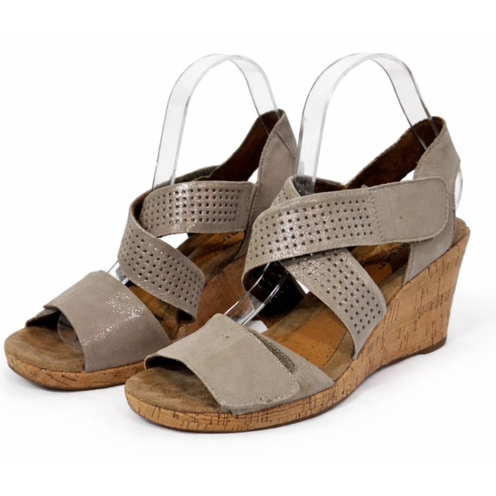 Rockport Cork Wedge Sandals Women’s Size 8 Crisscross Strappy Taupe Brown Gray